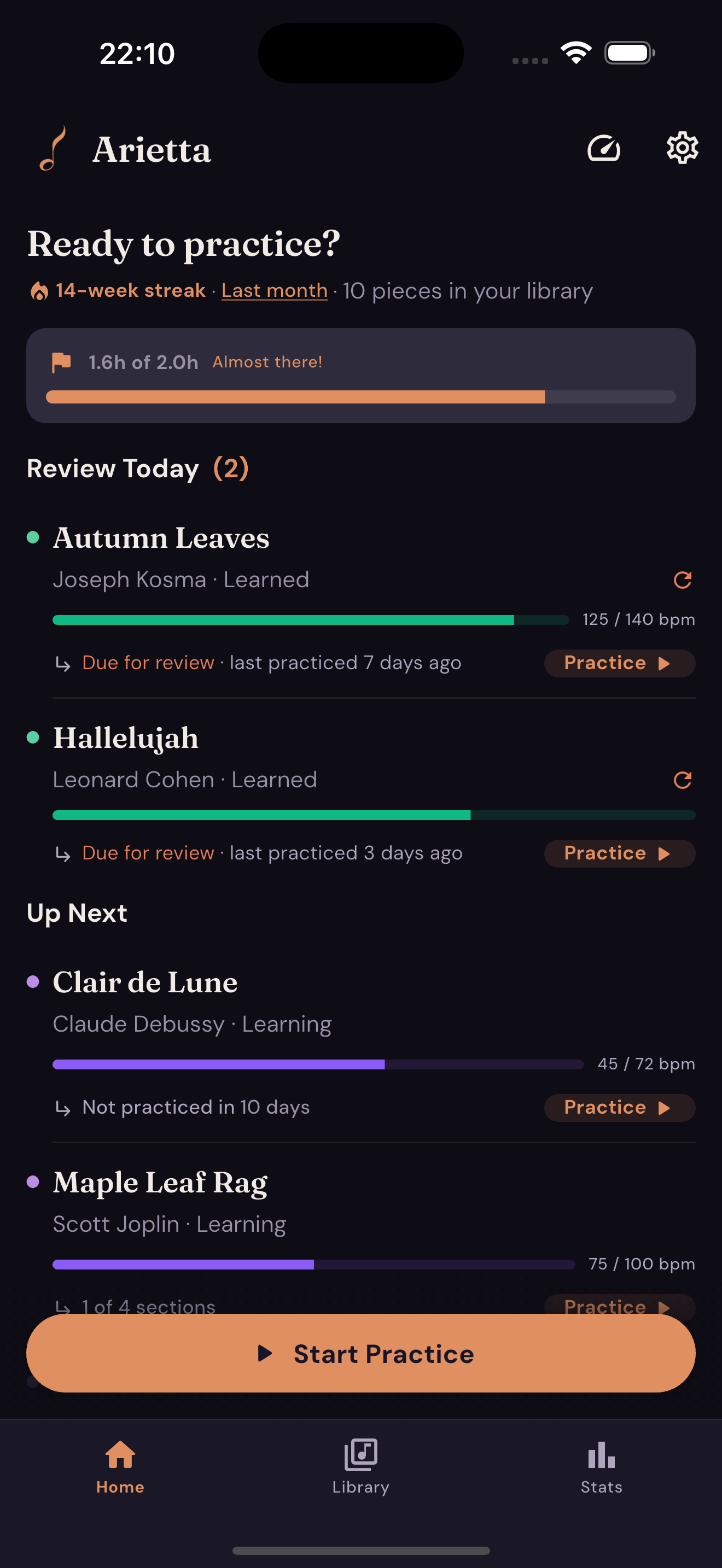 Arietta home screen showing daily review queue