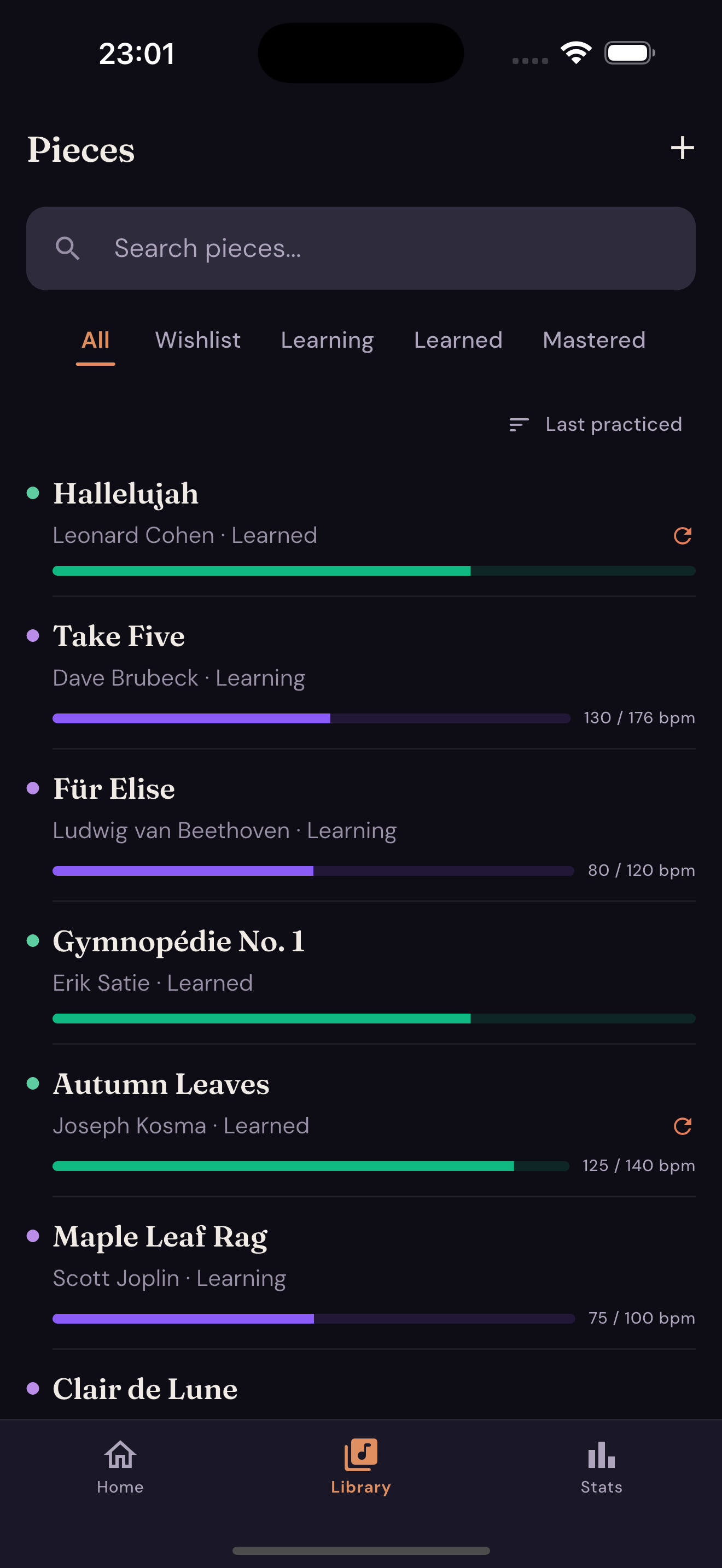 Library view showing pieces organized by learning stage