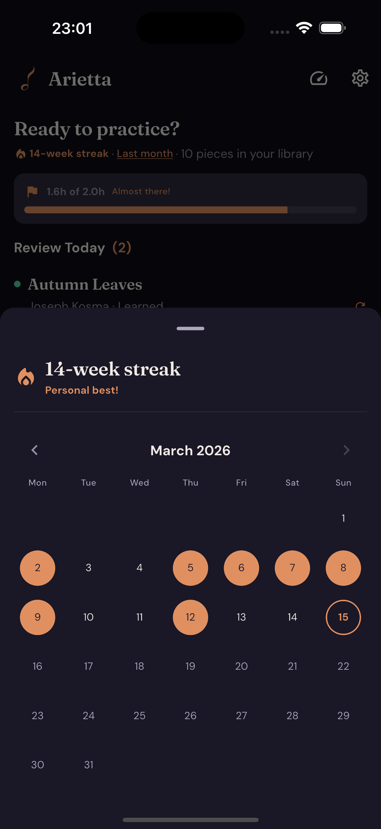 Weekly streak display celebrating practice consistency